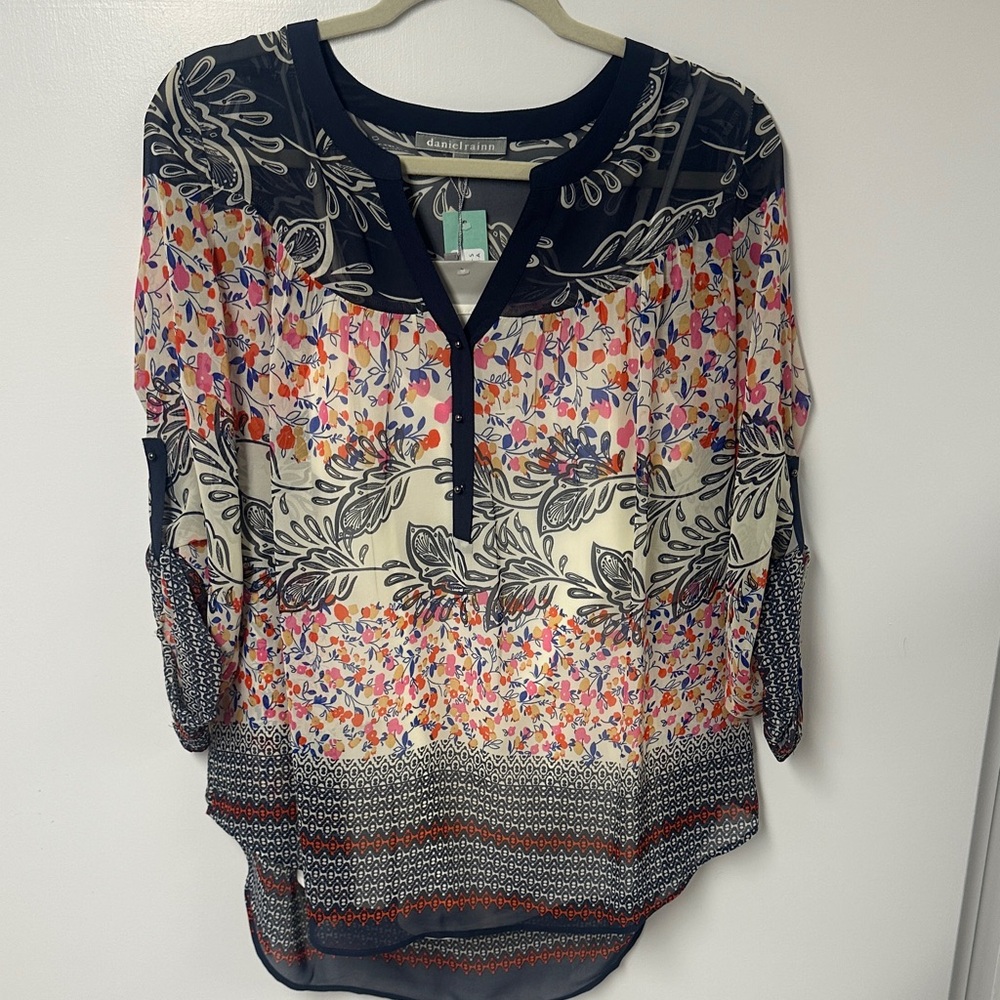 Daniel Rainn Navy, Cream & Multicolor Floral-Paisley Split-Neck Blouse